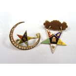 TWO SMALL EASTERN STAR NINE CARAT GOLD AND ENAMELLED BADGES one with seed pearl set crescent,