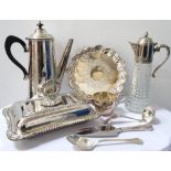 COLLECTION OF SILVER PLATED WARES includes a selection of serving trays, three piece tea service,