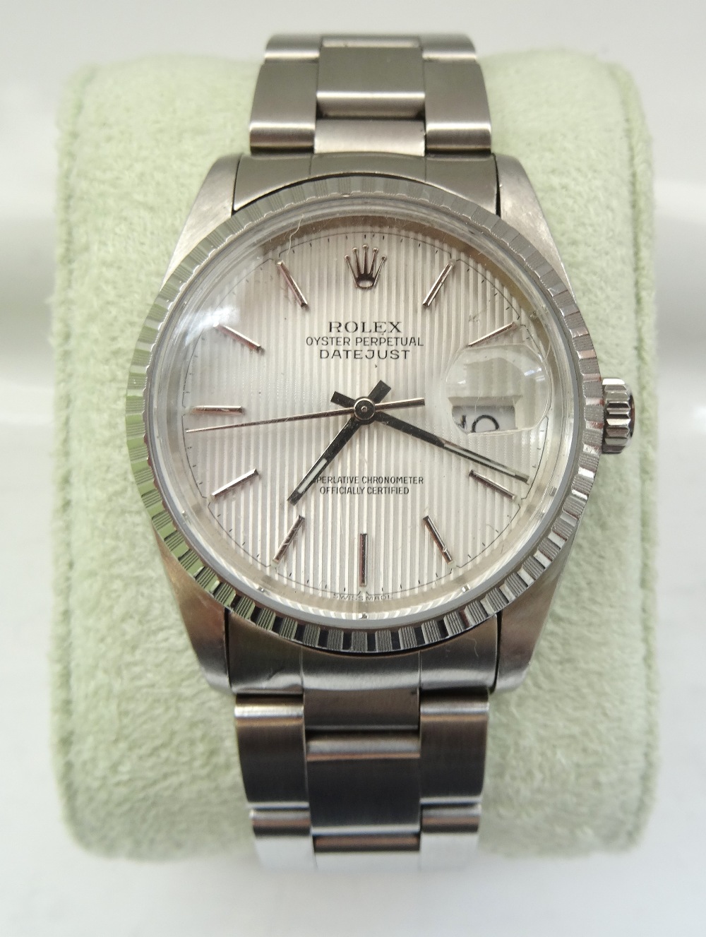 GENTLEMAN'S ROLEX OYSTER PERPETUAL DATE JUST WRISTWATCH with a silvered dial, baton hour markers,