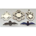 THREE SILVER MEDAL FOBS and two silver RAF sweetheart brooches,