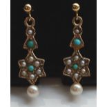 PAIR OF TURQUOISE AND SEED PEARL DROP EARRINGS in nine carat gold