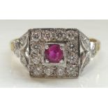 RUBY AND DIAMOND CLUSTER RING the ruby and surrounding twelve diamonds in square setting,