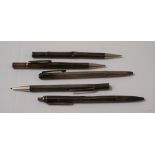 THREE SILVER RETRACTABLE PENCILS AND TWO SILVER BALL POINT PENS all engraved 'Consett Iron Company