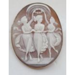 LARGE CAMEO BROOCH depicting the three graces, in unmarked mount and with safety chain, 4.