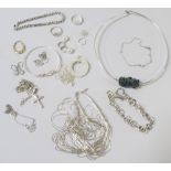 SELECTION OF SILVER JEWELLERY including a torque necklace with glass bead pendant;