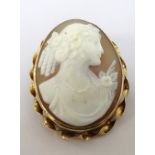 VICTORIAN STYLE CARVED SHELL CAMEO BROOCH depicting a female profile, in nine carat gold mount, 4.