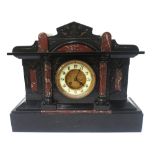 VICTORIAN BLACK SLATE MANTEL CLOCK of classical architectural form, with marble facings,