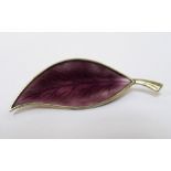 BRDR BJORKLUND DANISH SILVER LEAF BROOCH with purple enamel decoration, approximately 6.