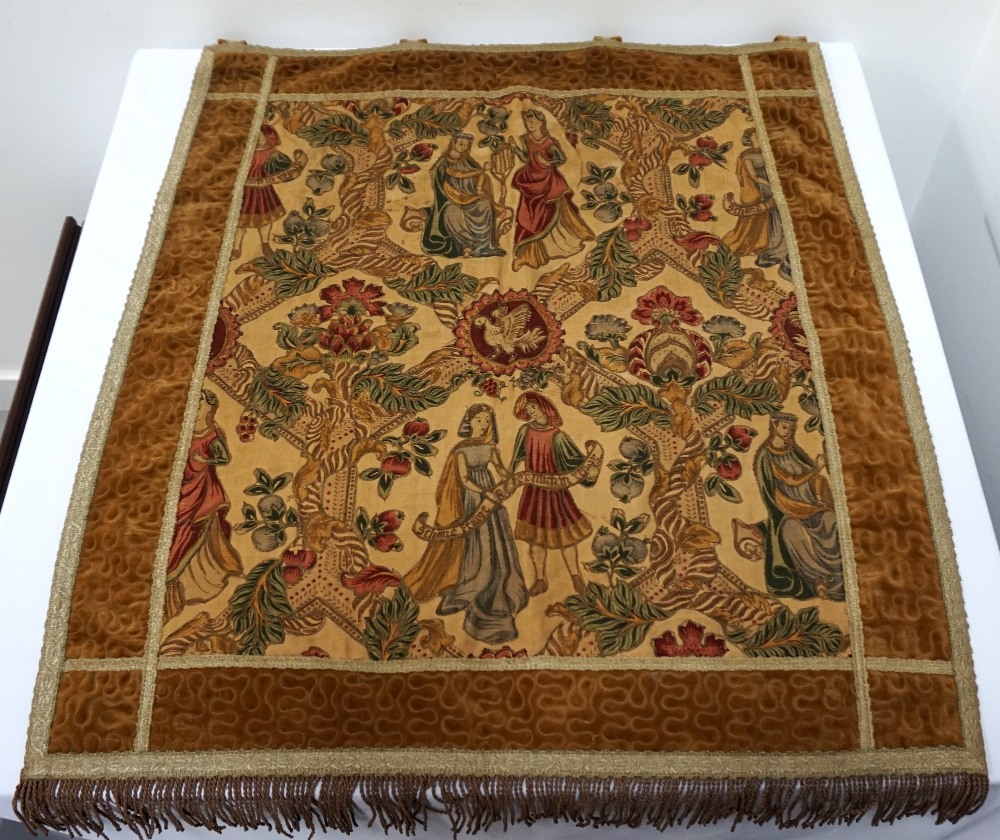 MEDIEVAL STYLE TAPESTRY WALL HANGING with figural decoration within a velvet border,