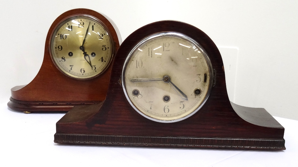 OAK NAPOLEON HAT STYLE MANTLE CLOCK with an eight day movement and Westminster chime,