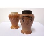 PAIR OF VICTORIAN GLAZED STONEWARE SNUFF JARS the bodies with relief decoration of male and female