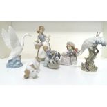 SELECTION OF LLADRO PORCELAIN FIGURES including a young girl with a basket of flowers and a lamb,