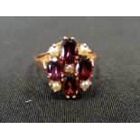 RHODALITE GARNET AND PEARL CLUSTER RING on nine carat rose gold shank,