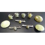 ASSORTED LOT OF SILVER JEWELLERY all set with green marble, comprising two oblong set rings,