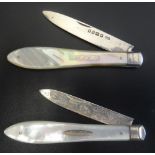 TWO VICTORIAN SILVER BLADED MOTHER OF PEARL HANDLED FRUIT KNIVES one with Sheffield hallmarks for