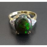 BLACK OPAL AND DIAMOND DRESS RING the central oval cabochon opal flanked by three diamonds to each