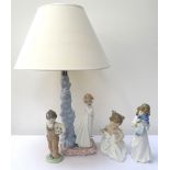 'NAO' FIGURAL TABLE LAMP with a young girl in nightgown holding a toy clown,