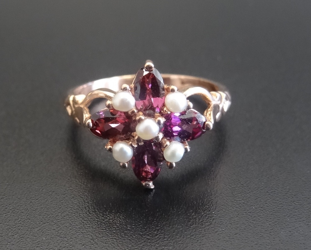 RHODALITE GARNET AND SEED PEARL CLUSTER RING on nine carat rose gold shank with attractive pierced