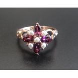 RHODALITE GARNET AND SEED PEARL CLUSTER RING on nine carat rose gold shank with attractive pierced