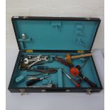 WOODEN TOOL BOX designed as an attaché case with a lift up lid revealing a fitted interior,