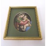 19th CENTURY CONTINENTAL PAINTED PORCELAIN OVAL PLAQUE depicting 'Madonna della suggiola' after