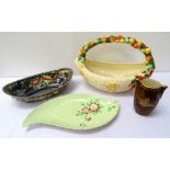 COLLECTION OF DECORATIVE CERAMICS including a Clarice Cliff 'Celtic Harvest' basket, 33cm long,