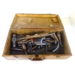 VINTAGE WOODEN TOOL BOX with a lift up lid and a carrying handle containing a selection of tools,