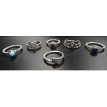 SIX PANDORA SILVER RINGS all set with CZ and other gem stones (6)