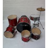 'DRAGON' SEVEN PIECE DRUM KIT with snare, base, three toms, two floor toms, stool,