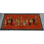 LARGE BATIK WALL HANGING depicting a Sri Lankan parade with elephants, mounted on wooden strips,