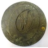 VERDIGRIS PATINATED BRONZE CIRCULAR SUNDIAL centred with a winged figure holding a scythe,