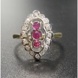 ART DECO STYLE RUBY AND DIAMOND PLAQUE RING the three central rubies in diamond surround,