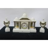 THREE PIECE WHITE MARBLE CLOCK GARNITURE,