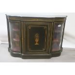 A VICTORIAN EBONISED AND MARQUETRY INLAID BREAKFRONT SIDECABINET,