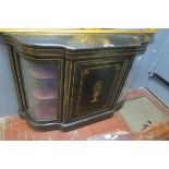 A VICTORIAN EBONISED AND MARQUETRY INLAID BREAKFRONT SIDE CABINET,