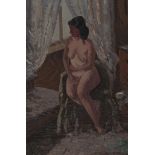 PATRICK LEONARD, HRHA (1918-2005) Female Nude Study Seated by a Window Oil on panel 23 x 14.
