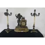 A GOOD 19th CENTURY FRENCH GILT BRASS AND MARBLE CLOCK GARNITURE,