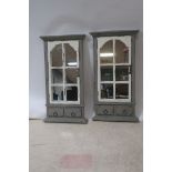 A PAIR OF GREY AND WHITE PAINTED MIRRORS,