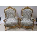 A PAIR OF CARVED GILTWOOD LOUIS SEIZE STYLE ARMCHAIRS,