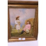 20th CENTURY Young girls seated by haystacks Unsigned Oil on board 36cm x 28cm