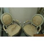 A PAIR OF FRENCH STYLE CREAM PAINTED AND SILK UPHOLSTERED ARMCHAIRS,