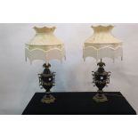 A PAIR OF CONTINENTAL STYLE GILT BRASS AND BLUE GLAZED TABLE LAMPS,