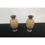 A PAIR OF DOULTON LAMBETH BLUE GLAZED AND GOLD PAINTED VASES,