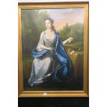 A LARGE COLOURED PRINT depicting a female seated in a landscape holding petals 100cm x 75cm