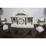 THREE PIECE WHITE MARBLE CLOCK GARNITURE,