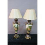 A PAIR OF SEVRES STYLE PAINTED PORCELAIN TABLE LAMPS,