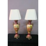 A PAIR OF SEVRES STYLE TABLE LAMPS, in the form of classical urns of circular tapering form,