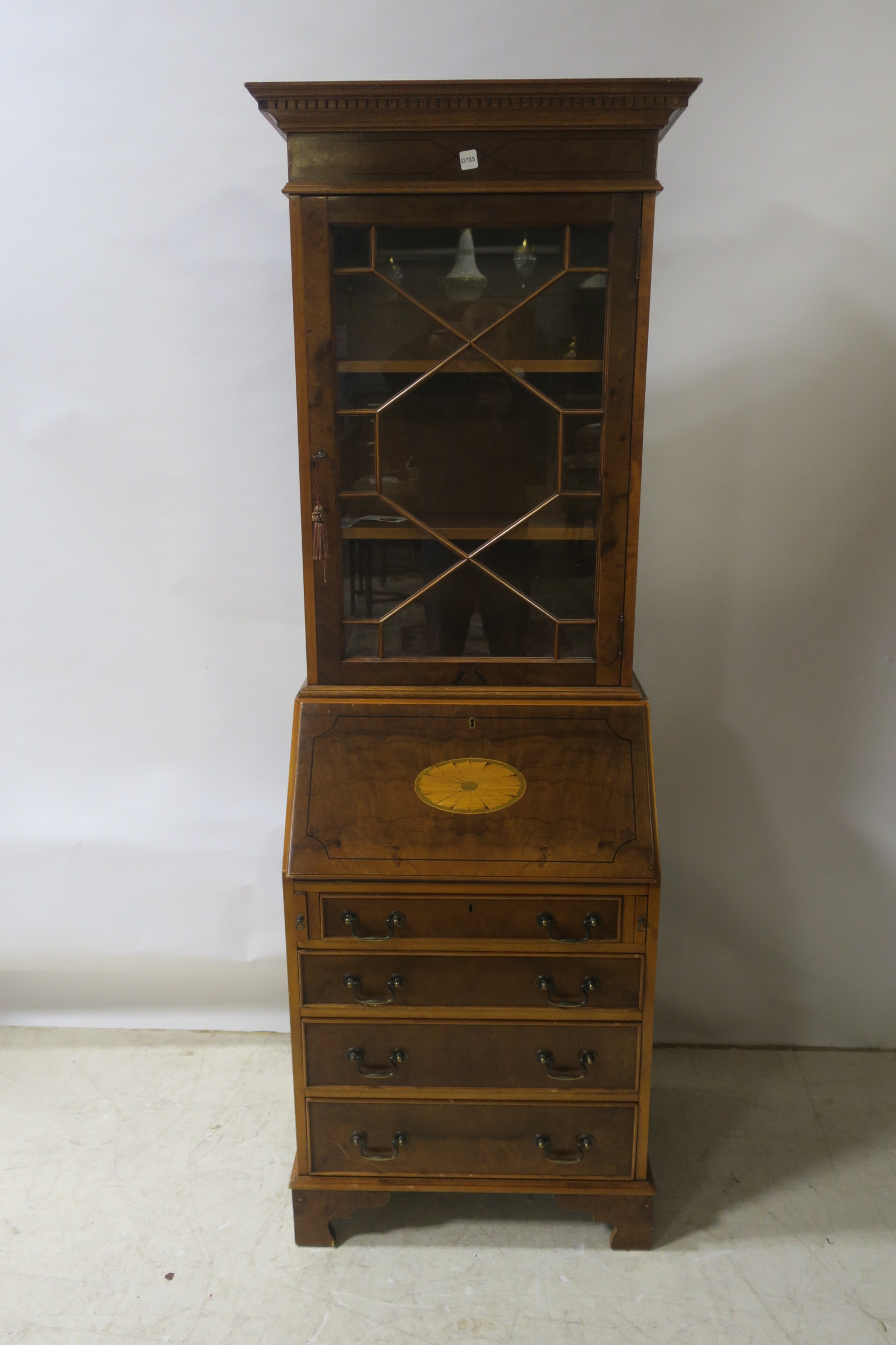 A GEORGIAN STYLE MAHOGANY AND BURR WALNUT SECRETARY BOOKCASE,