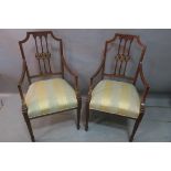 A FINE PAIR OF EDWARDIAN NEO-CLASSICAL MAHOGANY AND SATINWOOD INLAID ARMCHAIRS,