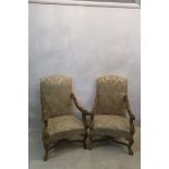 A PAIR OF GILT FRAMED ARMCHAIRS,